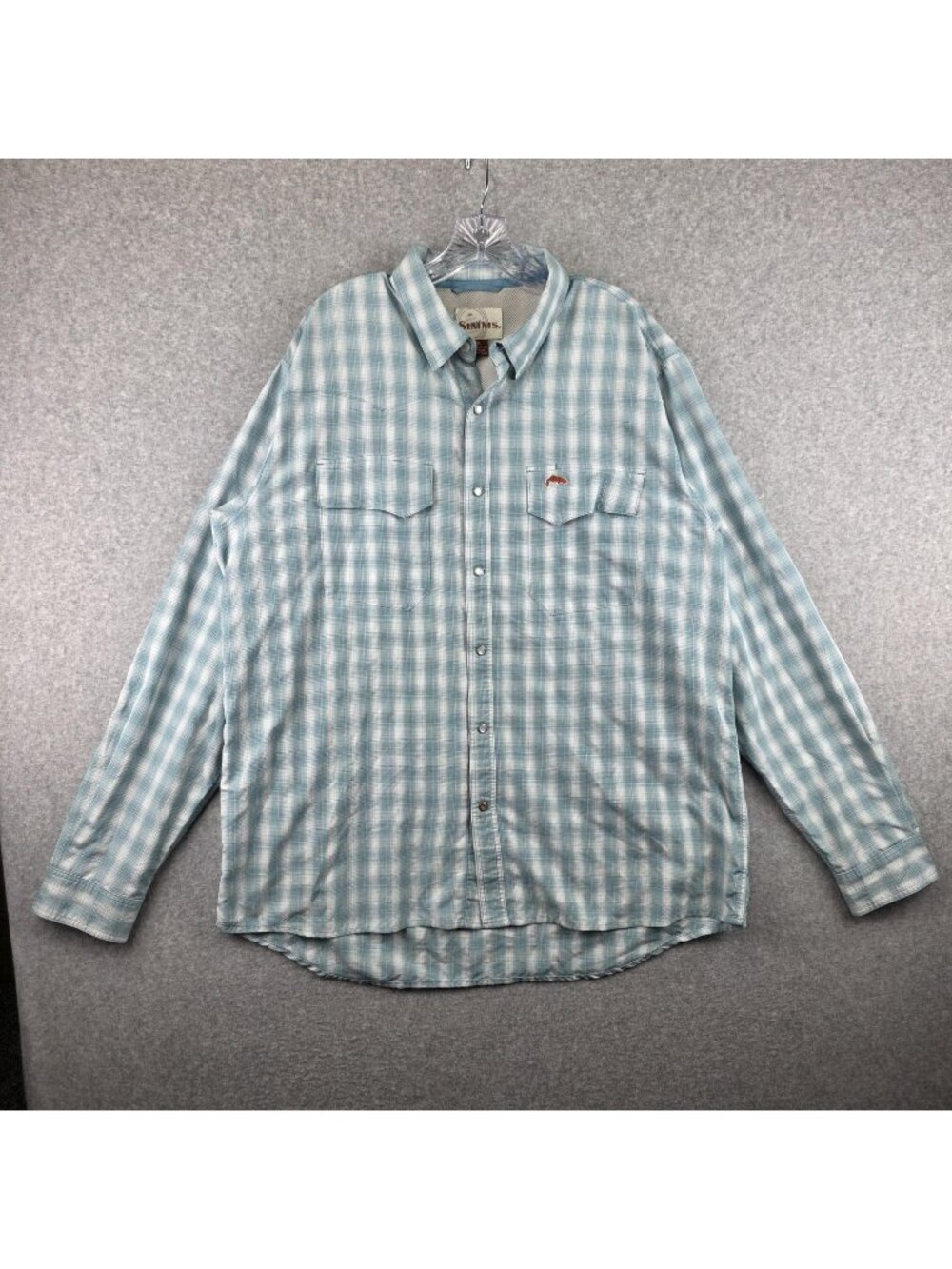 Simms Fishing Shirt Mens XL Green Plaid Long Sleeve Snap Fly Fishing Outdoor